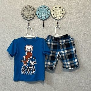 Little Boys 4T Outfit - Sports-themed Tee with Plaid shorts